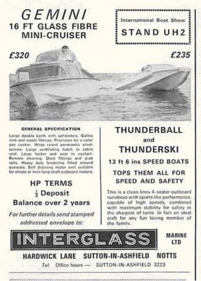 Interglass offering both the  centre deck and open cockpit style of the thunderball and thunderski .